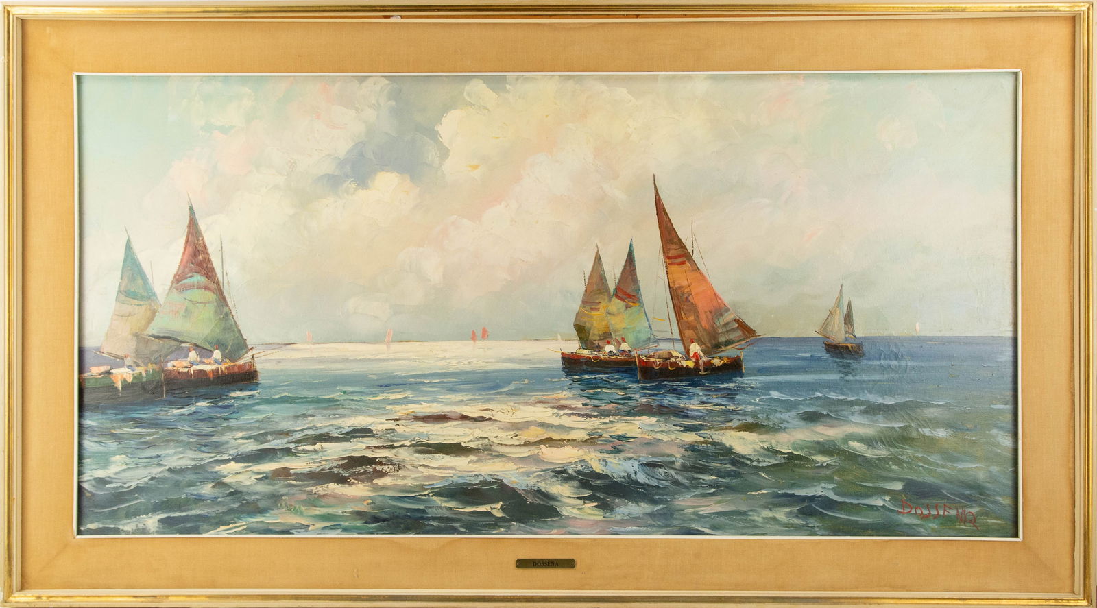 Waterscape Oil On Canvas "Sailing Boat On Sea", Signature Dossena