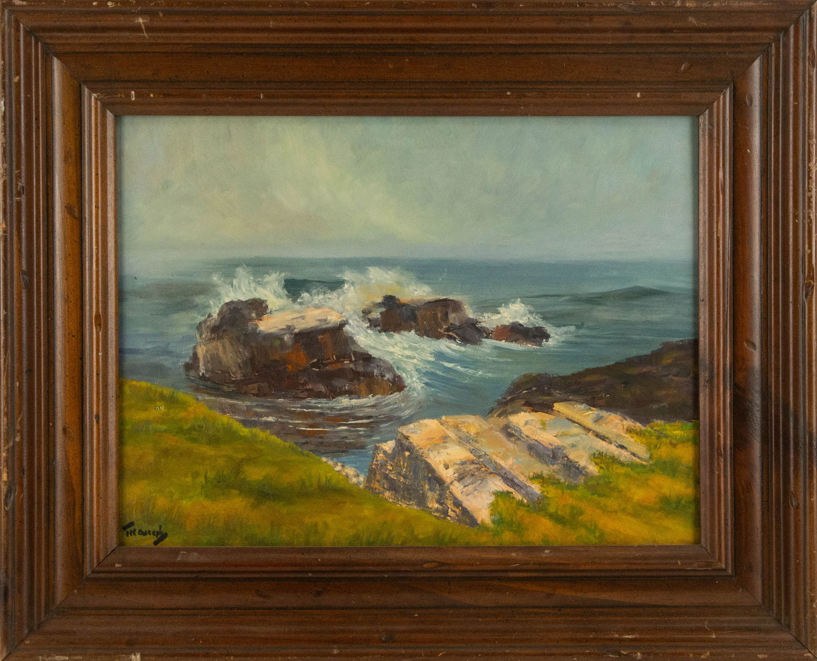 Waterscape Oil On Board, Frederick Judd Waugh: Medium: Oil On Board; Style: Waterscape; Painting Size: 12 x 16 inches; Frame Size: 17 x 21 inches; Condition: This artwork is in good overall condition for its age.; Signature: Frederick Judd Waugh (