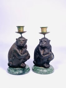A Pair of Bronze 'Monkey' Candle Holders
