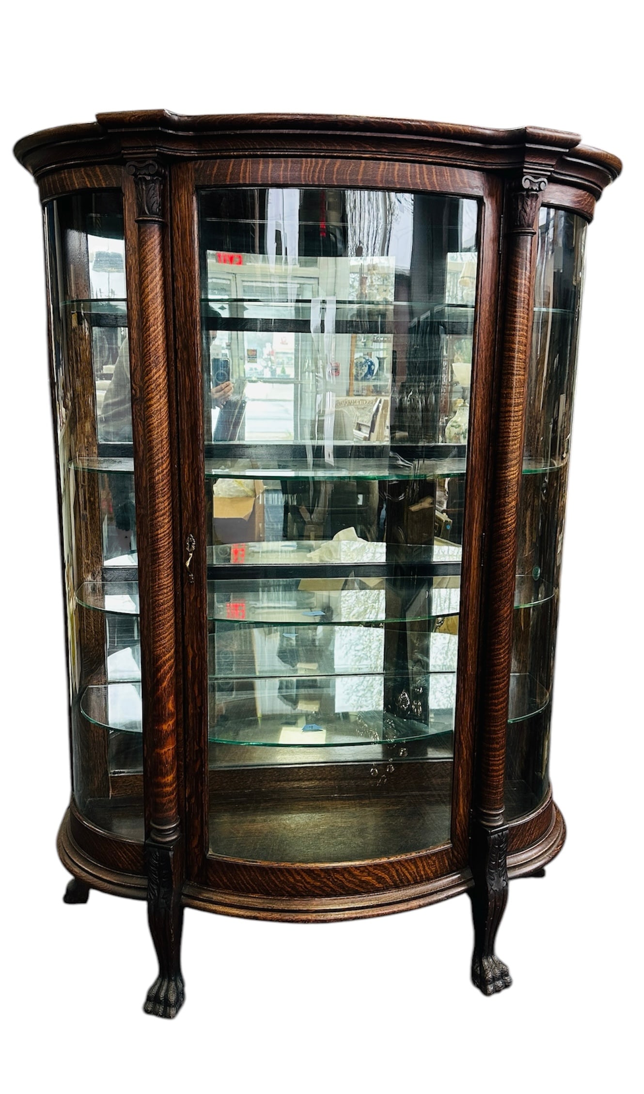 An Antique Oak Curved Glass Curio Display Cabinet (1 of 7)