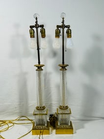 A Pair of Baccarat French Faceted Cut Crystal Bronze Ormolu Column Lamps