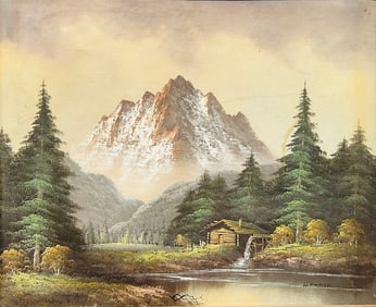 A Painting of Landscape with Mountain, River, and Cabin, Signature H. Foster