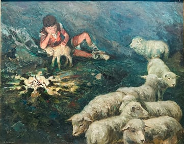 A Painting of Shepherds With Flock, Signature R. Sherry