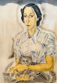 A Portrait de Femme Assise Avec Chat, Attributed to Tsuguharu Foujita