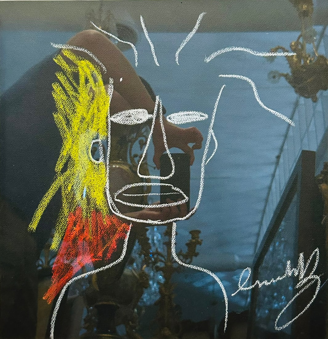 A Portrait, Attributed to Jean-Michel Basquiat: Probably pastel on paper, a signature to bottom right, 15.3/4 in. x 16.3/8 in. for the portrait, 19.5/8 in. x 19.1/8 in. for the frame.