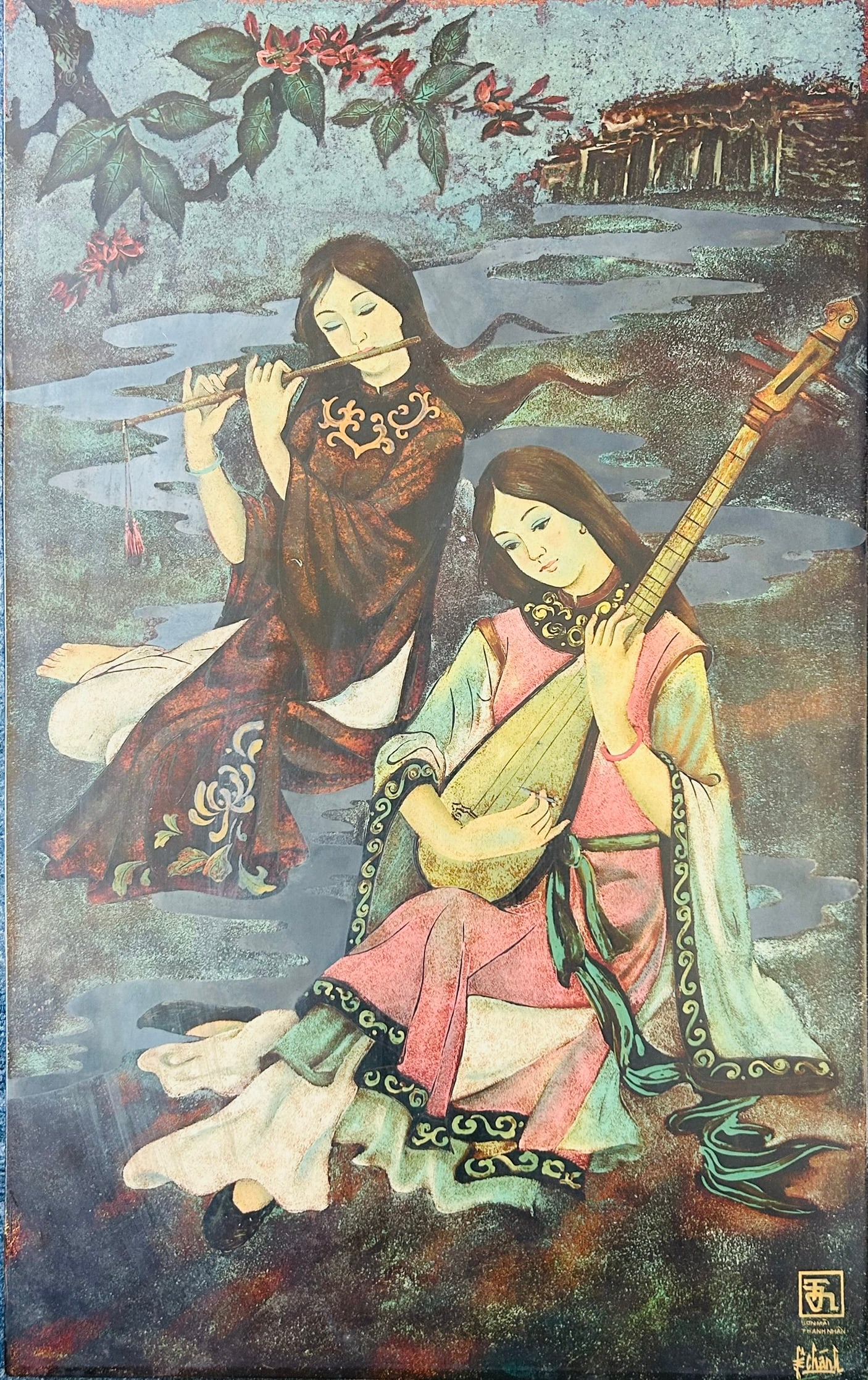 A Vietnamese Lacquer Painting Son Mai of Two Ladies Playing Musical Instruments, Le Chanh (1 of 14)