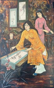 A Vietnamese Lacquer Painting Son Mai of Two Ladies Practicing Chinese Ink Painting, Le Chanh