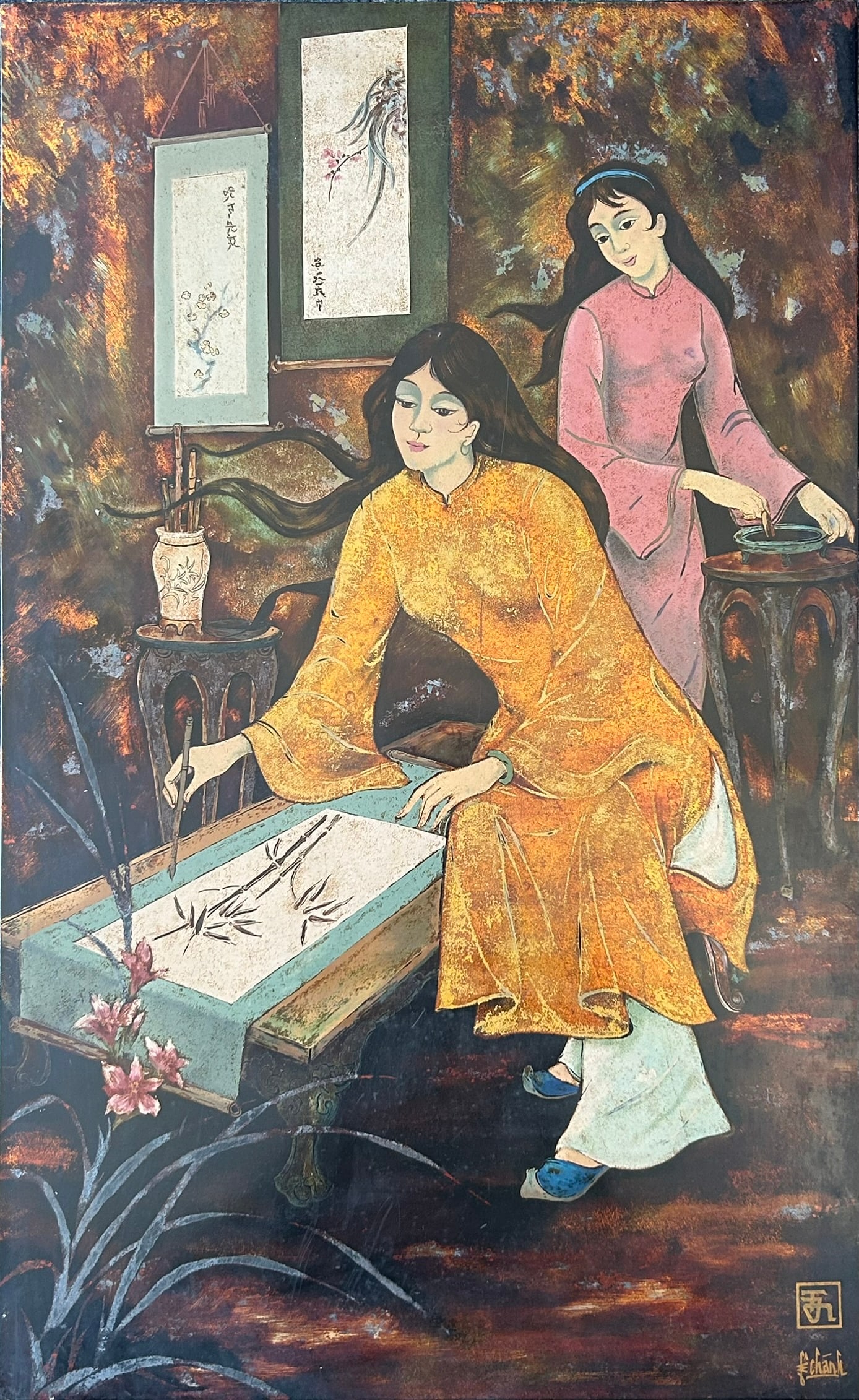 A Vietnamese Lacquer Painting Son Mai of Two Ladies Practicing Chinese Ink Painting, Le Chanh (1 of 14)