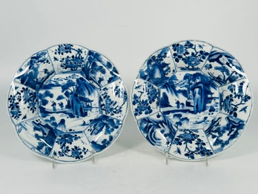 A Pair of Chinese Export Blue and White 'Figural' Lobed Dishes, Kangxi Period, Qing Dynasty