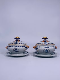 A Pair of Chinese Export Blue Enamel and Gilt Soup Tureens, Covers and Stands