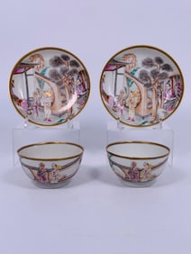 Two Sets of Chinese Export Famille Rose Gilt-Decorated 'Figural' Cups and Saucers