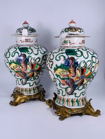 Sotheby's Provenance: A Pair of Ormolu Mounted Famille Verte Jars and Covers, Qing Dynasty, 19th Cen