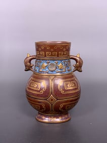 A Chinese Red-Glaze Gilt-Decorated Vase in the Form of Zun, Qianlong Mark, Qing Dynasty