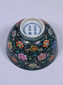A Chinese Black-Ground Famille-Rose Bowl, Yongzheng Mark, 18th Century