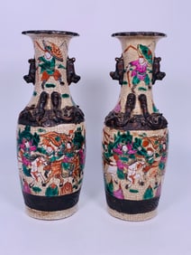 A Pair of Chinese Famille Verte Crackle-Glazed 'Warriors' Vases, Late Qing Dynasty
