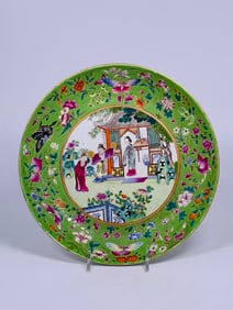 A Chinese Famille Rose Green-Ground 'Figural' Dish, Daoguang Mark