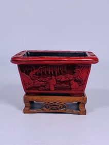 A Chinese Small Carved Cinnabar Lacquer 'Figural' Jardiniere