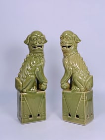 A Pair of Chinese Green-Glazed Figures of Buddhist Lions, Zen Shandong Mark
