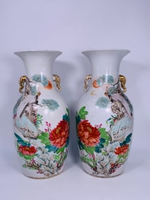 A Pair of Chinese Famille Rose 'Crane and Peony' Vases, Early 20th Century