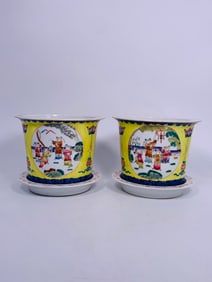 A Pair of Chinese Famille Rose Yellow-Ground 'Medallion' 'Figural' Jardiniere and Stands, Tongzhi