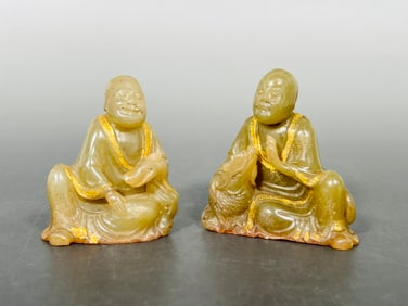 Two Chinese Carved Shoushan Soapstone Seals in the Form of Luohan
