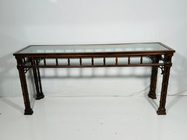 A Vintage Faux Bamboo Black Gloss Palm Beach Regency Glass Top Console Table