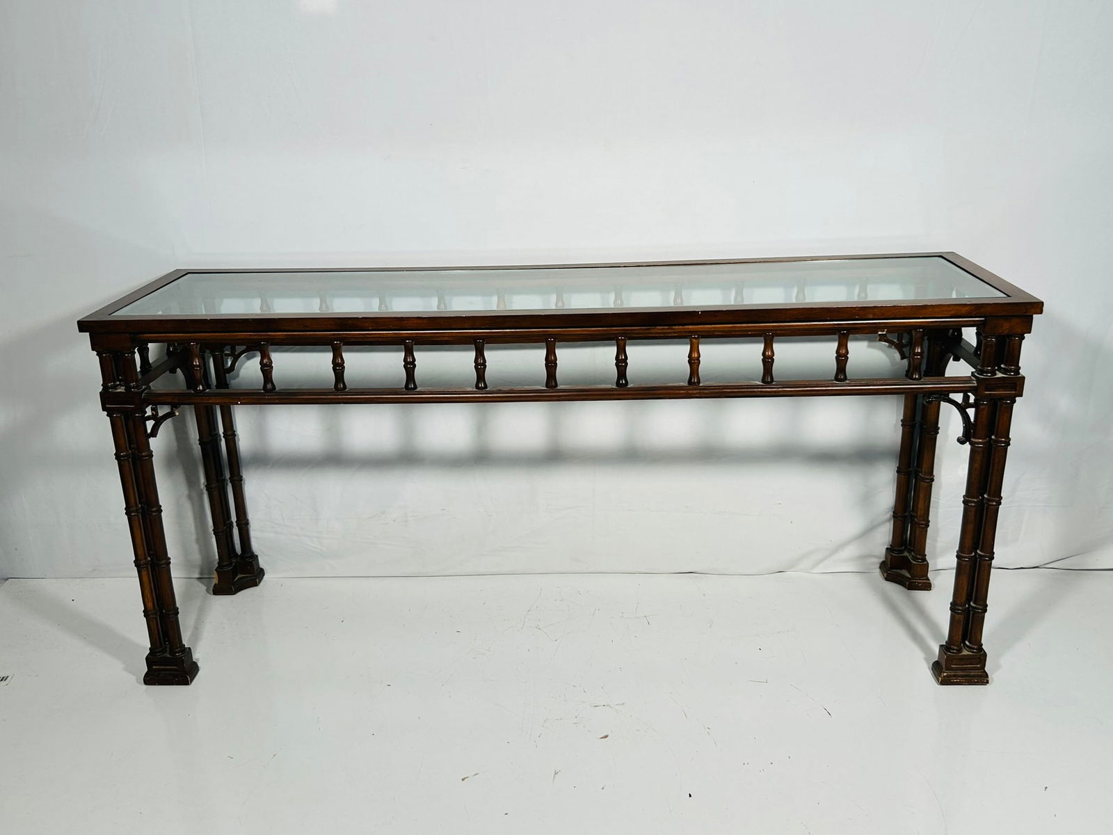 A Vintage Faux Bamboo Black Gloss Palm Beach Regency Glass Top Console Table (1 of 10)
