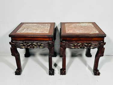 A Pair of Chinese Square Marble-Inset Side Tables