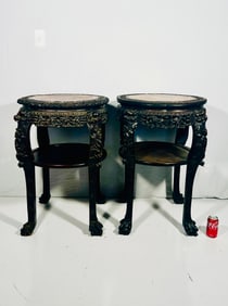 A Pair of Chinese Marble-Inset Hardwood Side Table, 19th Century