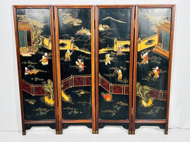 A Chinese Export Mother-of-Pearl and Hardstone-Inset Black Lacquer Four-Fold Screen