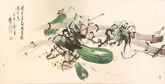 A Large Chinese Painting, Grasshopper and Melons