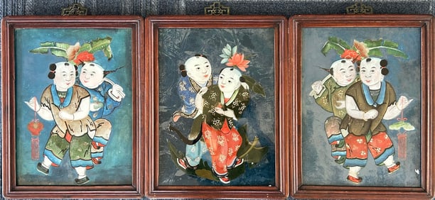 A Group of Three Chinese Reverse Glass Paintings of He He Er Xian