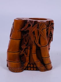 A Chinese Carved Wood Bamboo-Shaped Brush Pot