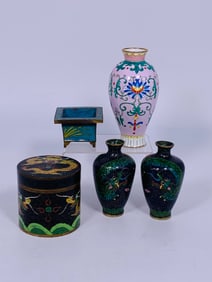 A Group of Five Cloisonne Enamel/Painted Enamel Ware