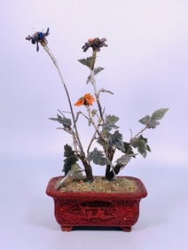 A Chinese Red Lacquer and Hardstone Bonsai