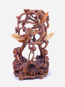 A Chinese Carved Wood and Agate 'Birds in a Tree' Sculpture