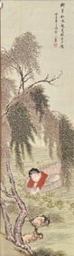 A Chinese Silk Embroidery of a Lady by the Riverside with Willow, 20th Century