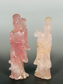 Two Chinese Rose Quartz Carving of Figures of Ladies
