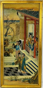 A Chinese School Reverse Glass Painting of Ladies in a Garden Scene