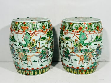 A Pair of Chinese Famille Rose 'Warrior' Garden Stools