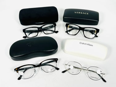 A Group of Four Pairs of Eyeglasses Frames, Gucci, Ray-Ban, Versace, and Calvin Klein