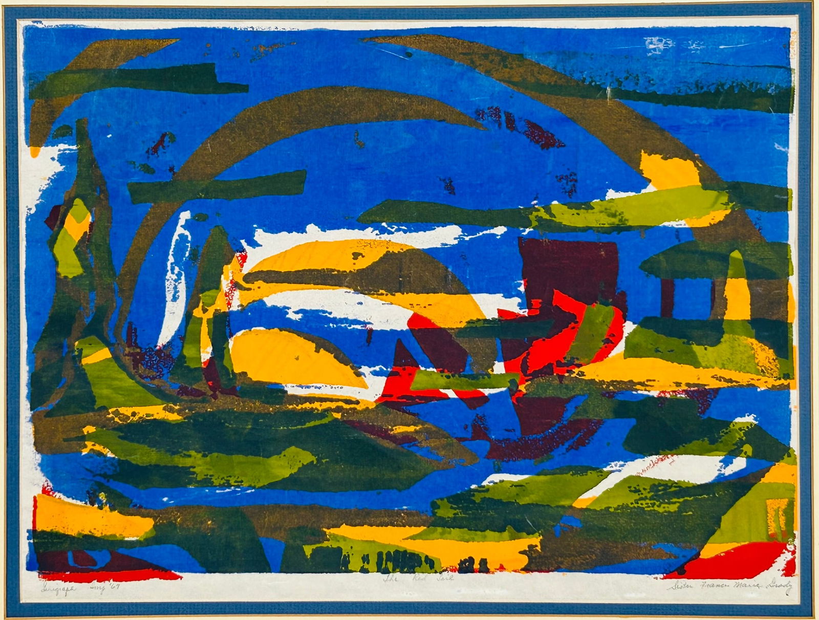 A Painting of The Red Sail, Signature Sister Francis Marie Grady: Serigraph, title to the bottom, signature of the artist to the bottom right. 18.1/2 in. x 14 in. (sight), 24.3/4 in. x 20 in. overall.