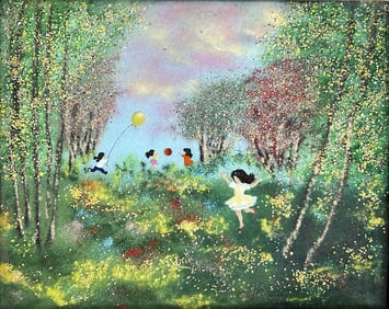 An Enamel Painting On Copper of Children Playing in a Field