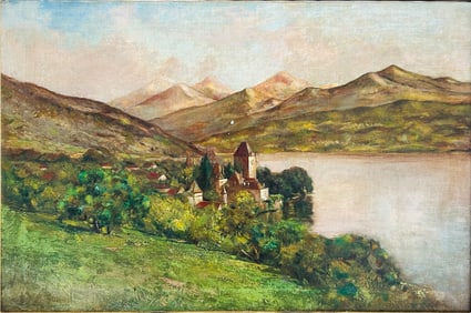 A Painting of Landscape with Chateau Chillon Leman Lake, Signed