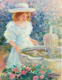 A Print of Girl Standing in a Garden Scene, Signature Lynn Gertenbach