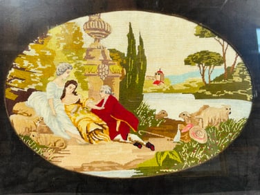 A Embroidery Needlepoint Art Work of Figures in Landscape Setting