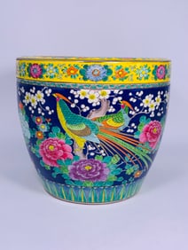 A Japanese Famille Rose Blue Ground Jardiniere