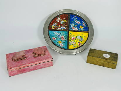 Hindman Provenance (Part): A Group of Three Chinese Table Objects: Comprising a rectangular brass box, 1.3/8 in. high, 4.1/4 in. wide, 2.1/4 in. deep, provenance: Hindman, 30 September 2019, lot 389 (part); a carved rose quartz-inset pink enameled rectangular box, 2.