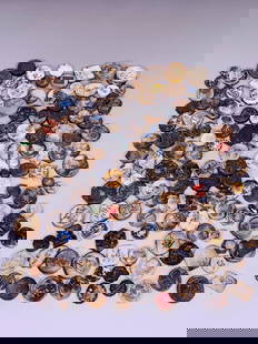 A Group of One Hundred and Thirty Plus Thailand 'Siam Bi' Porcelain Coins, 19th Century: Comprising porcelain gaming tokens with impressed designs, underglaze blue calligraphy, and various colored decorations, accompanied by two or three small bronze Mediterranean coins. Diameters range a