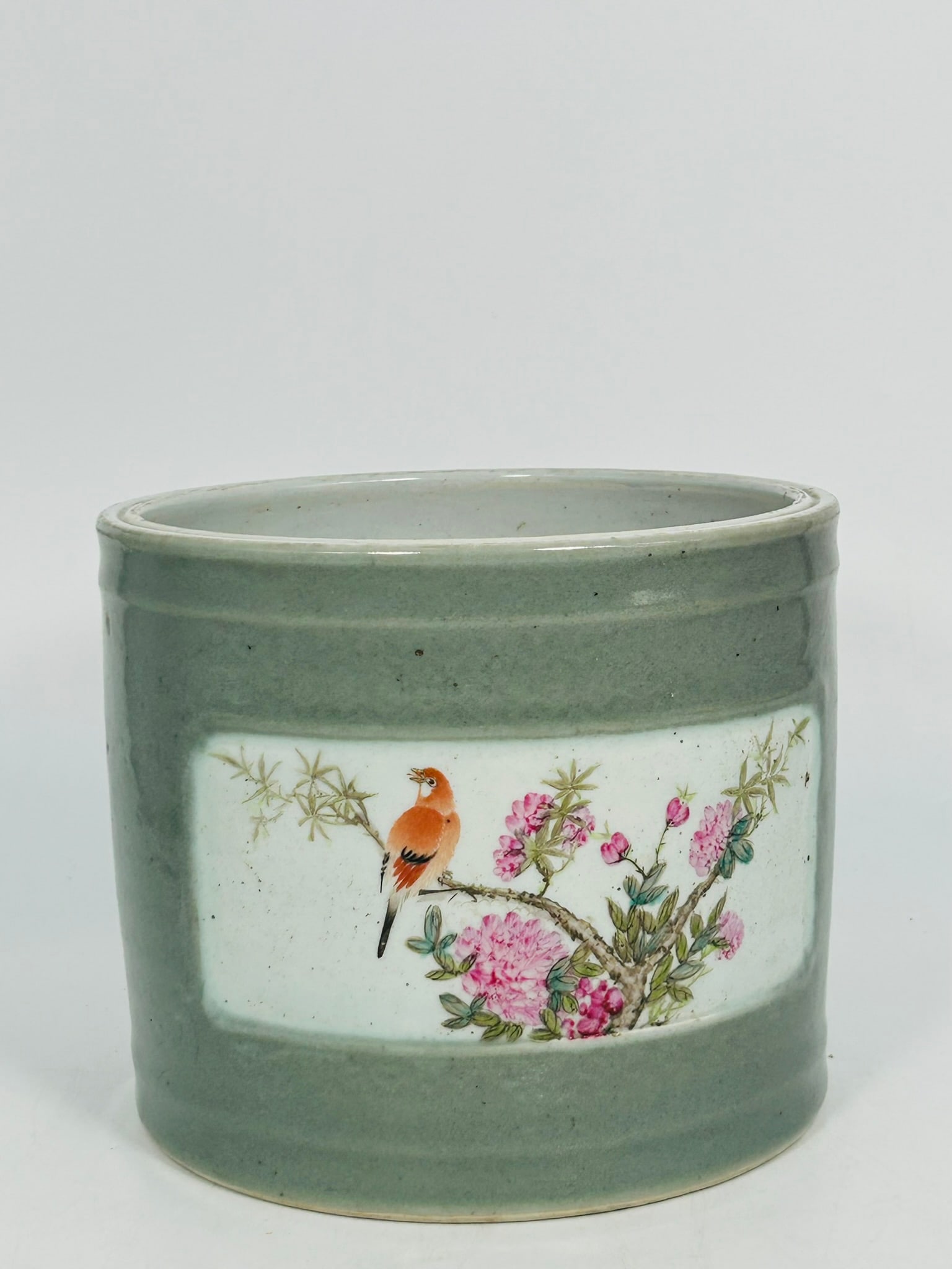 A Chinese Famille Rose 'Medallion' 'Birds and Flowers' Brush Pot, Republic Period (1 of 11)
